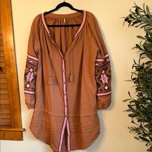Free People Bohemian Brown Tunic with Pink Accents